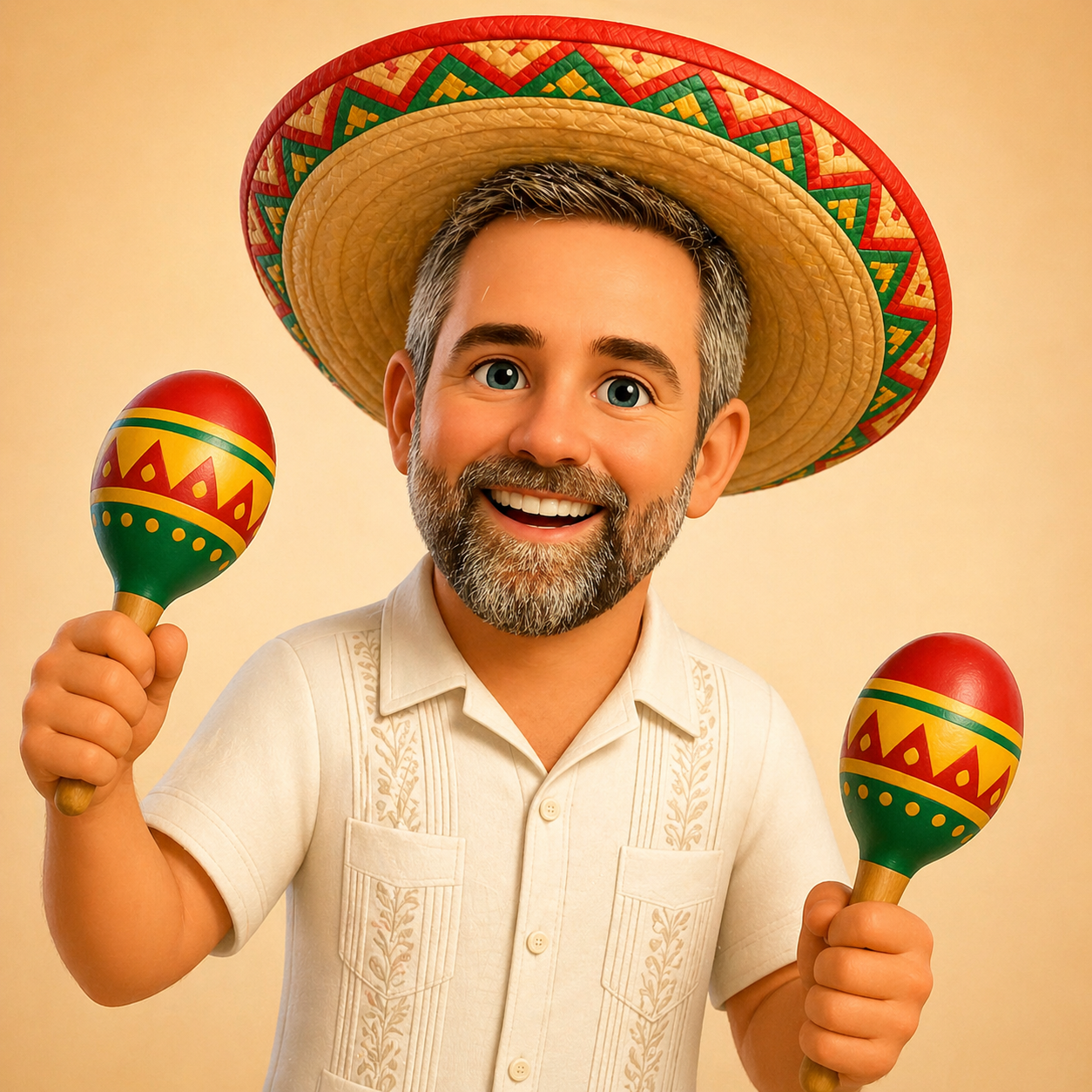 Señor Bo, in a sombrero, holding maracas